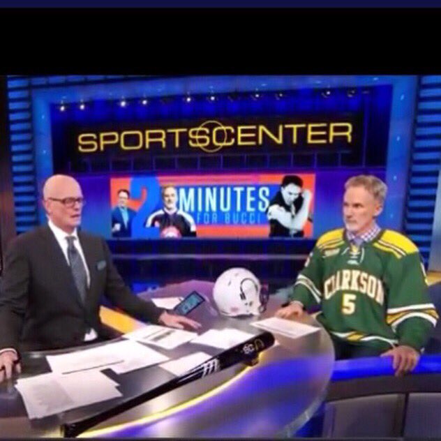 ClarksonMHockey's tweet photo. Game with Notre Dame will air on ESPNU Friday at 6:30pm.  Headshots and meetings with ESPN today before Practice. NE Region got the “A” team in the booth, @Buccigross and Melrose!  Former Clarkson HC Cap Raeder pictured with Barry #CawlidgeHawkey https://t.co/GhYlMtc502
