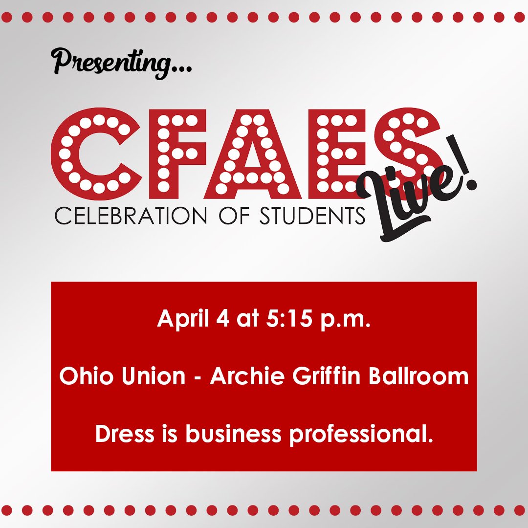 CFAES_CoS's tweet photo. The CFAES Celebration of Students is one week from today! Buy your ticket today from Ag Admin Room 100, Kottman 210 or from a committee member. See you all there! #CFAESLive https://t.co/qPtu2Of1n9
