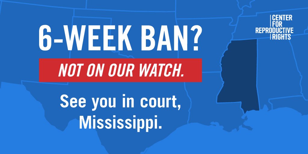 ReproRights's tweet photo. FILED: We’re challenging a 6-week abortion ban in Mississippi. We blocked the state’s 15-week ban just months ago, &amp; they responded by passing an even more extreme version. 

Plain and simple: this is unconstitutional. We'll keep taking them to court until they get the message. https://t.co/WThC0q3VYA