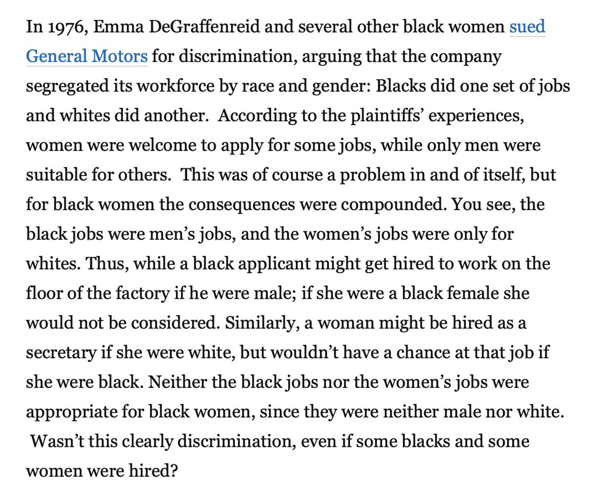 Crenshaw's op-ed:1) explains the GM case she talked about 20 years ago2) explains that intersectionality is an "analytic sensibility, a way of thinking about identity and its relationship to power."It's right there,  @benshapiro! There's no need to straw man her arguments!