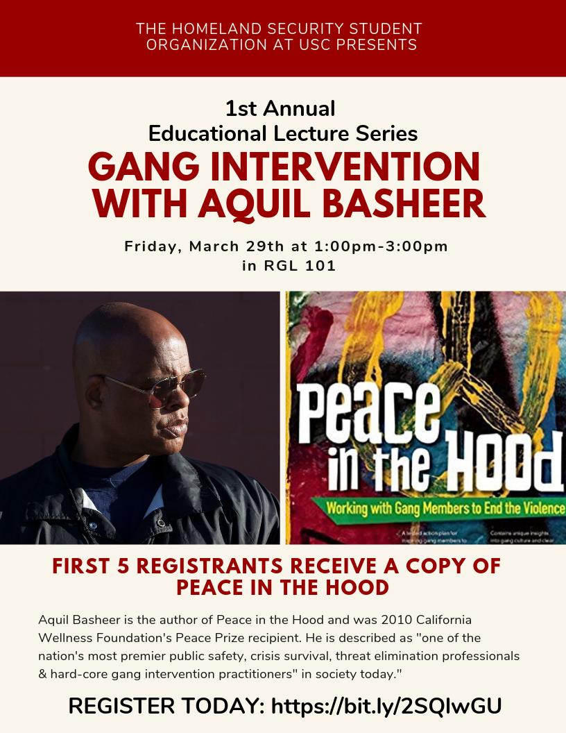 PSI_USC's tweet photo. TOMORROW! The @USC Homeland Security Student Organization will be hosting a lecture w/ Aquil Basheer (@grandmaster11) focusing on Gang Intervention. 

RGL 101 at 1:00pm - free pizza! RSVP TODAY, seating is limited:
https://t.co/mEC8ZOZmx2 @USC @USCPrice #USC #FightOn https://t.co/g65f2tvKNR