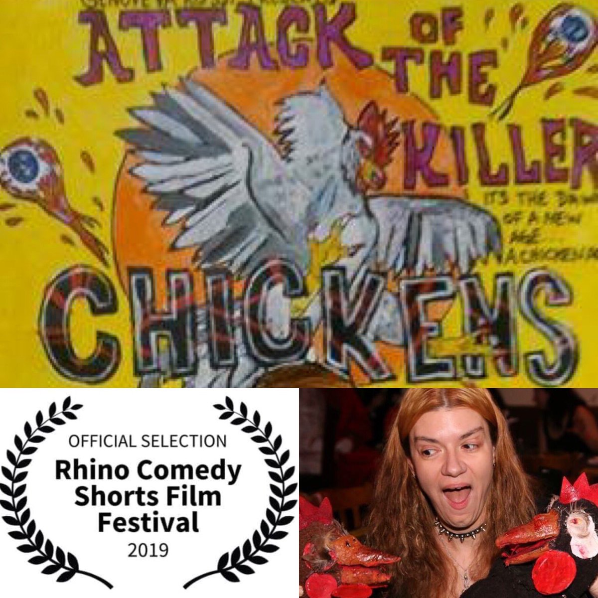 GenovevaRossi1's tweet photo. #AttackoftheKillerChickens at Rhino Comedy Short Film Festival tonight! The short film that is now becoming a feature. Red carpet at 6pm and 8pm block! @MattsManagement @roccogeorge #horrorcomedy #genovevarossi #edwardxyoung #horrorqueen #screamqueen https://t.co/T406J1H4P7 https://t.co/KY4WKBH6hY