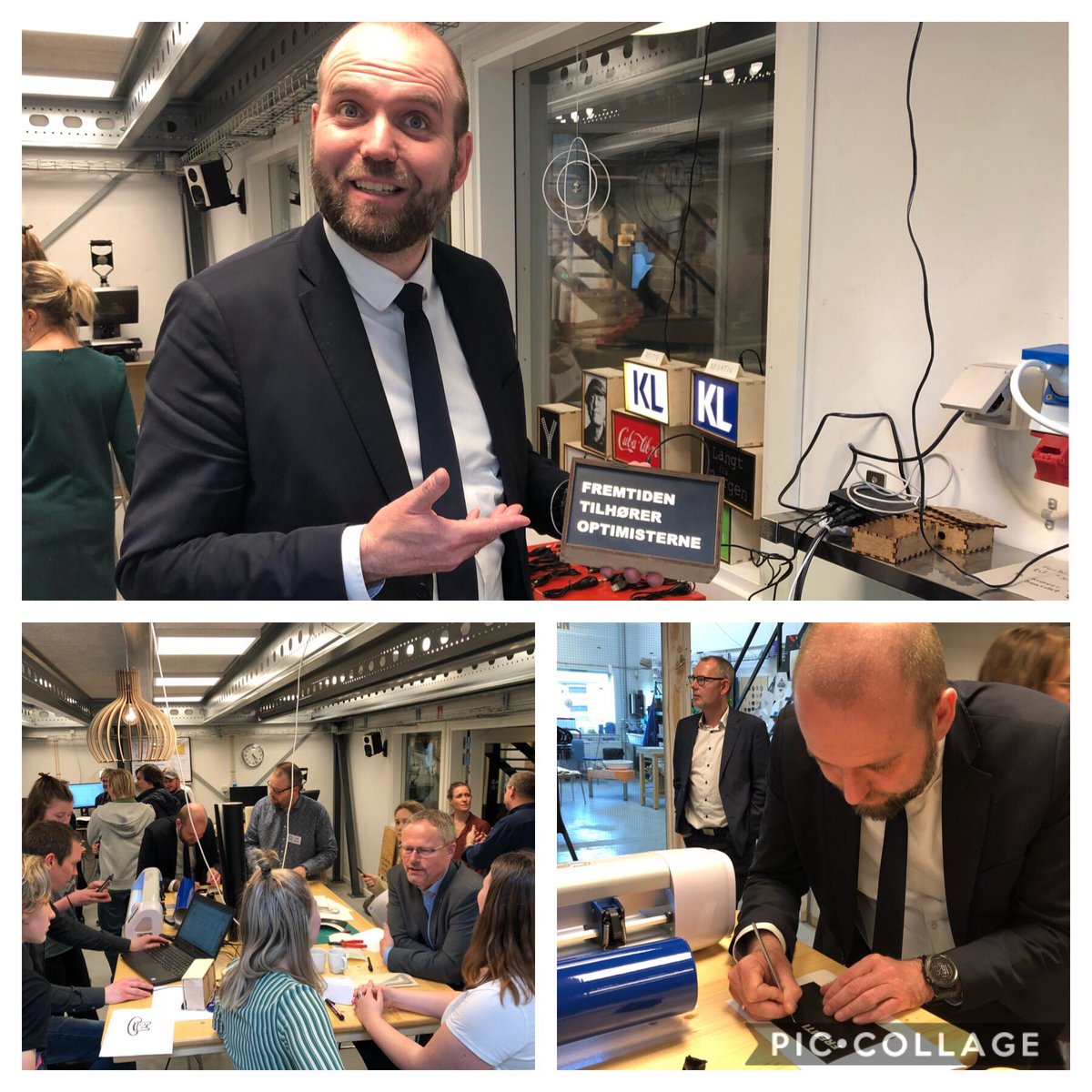KL’s Børne- og Undervisningsudvalg med bla @ThomasGyldal besøger i dag Skanderborg. I stedet for kedelige powerpoints er politikerne blevet sat til at bygge lysskilte i ungdomsskolens makerspace. De unge hjælper med det tekniske👍 #samskabelse #dkkompol #kompoldk #dkung