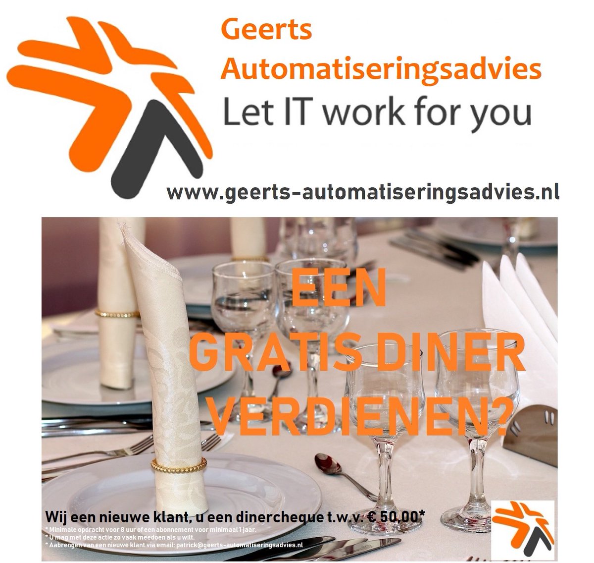 patrickgeerts's tweet photo. APRILMAAND = DINERMAAND!
Wij een nieuwe klant, jij een dinercheque! Stuur een mail naar patrick@geerts-automatiseringsadvies.nl voor aanmelden of meer info. https://t.co/BH1ns1O3yP