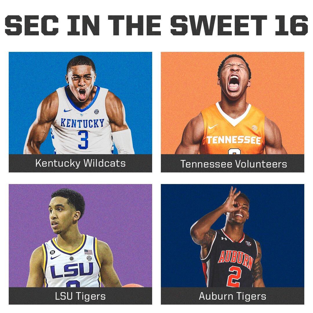 GregSankey's tweet photo. An #ItJustMeansMore weekend of basketball with 4 @SEC men’s teams in @marchmadness Sweet Sixteen @Vol_Hoops @LSUBasketball @AuburnMBB &amp; @KentuckyMBB 3 @SEC women’s teams in @ncaawbb Sweet Sixteen @HailStateWBK @AggieWBB @GamecockWBB &amp; @WNIT tonight for @RazorbackWBB #WinEmAll https://t.co/lbIH2Bc8BD