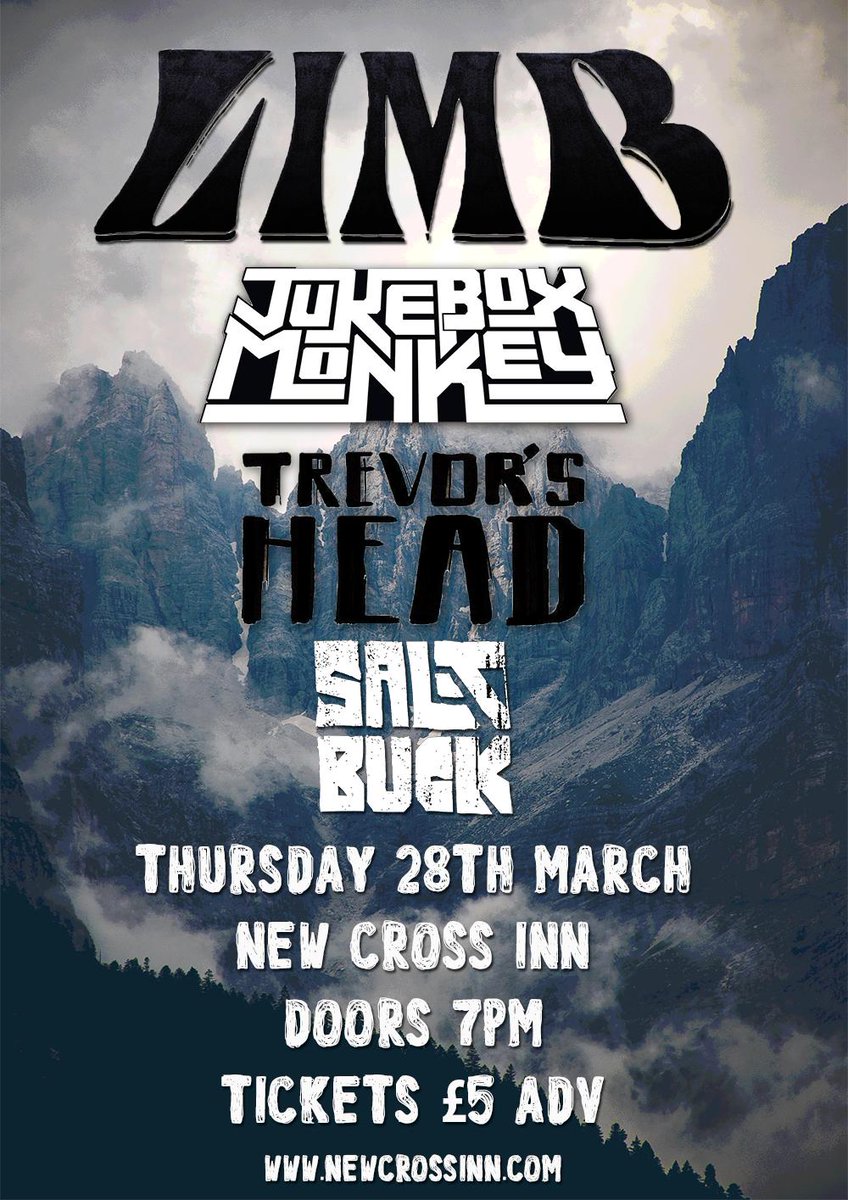 Tonight at the New Cross Inn we are proud to present <a href="/LimbtheBand/">Limb</a>

Support
@JukeBox_Monkey
<a href="/TrevorsHead/">Trevor's Head</a>
<a href="/SALTBUCKLONDON/">SALTBUCK</a>

Thursday 28th March
Doors 7pm
Tickets £5
Info: facebook.com/events/1029612…
Ticket Link: newcrossinn.com/tickets/events…

#stonerrock #doom #livemusic #London