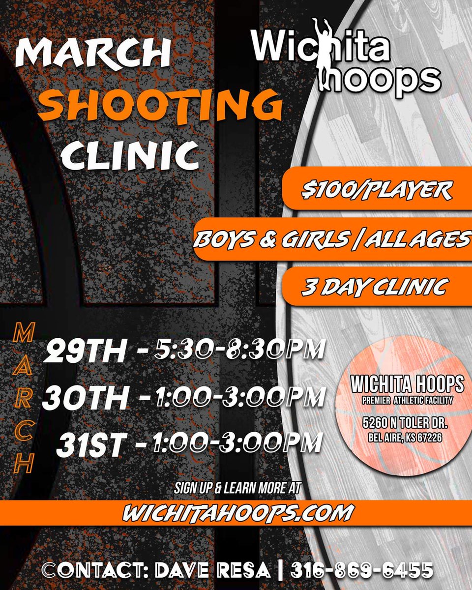 It's on this weekend!!!
Wichita Hoops SpringBasketball Shooting Camp.All ages, boys n girls
Sign up at the door Friday 5pm
Friday 5:30-8:30p
Sat. 1-3p
Sun.1-3p