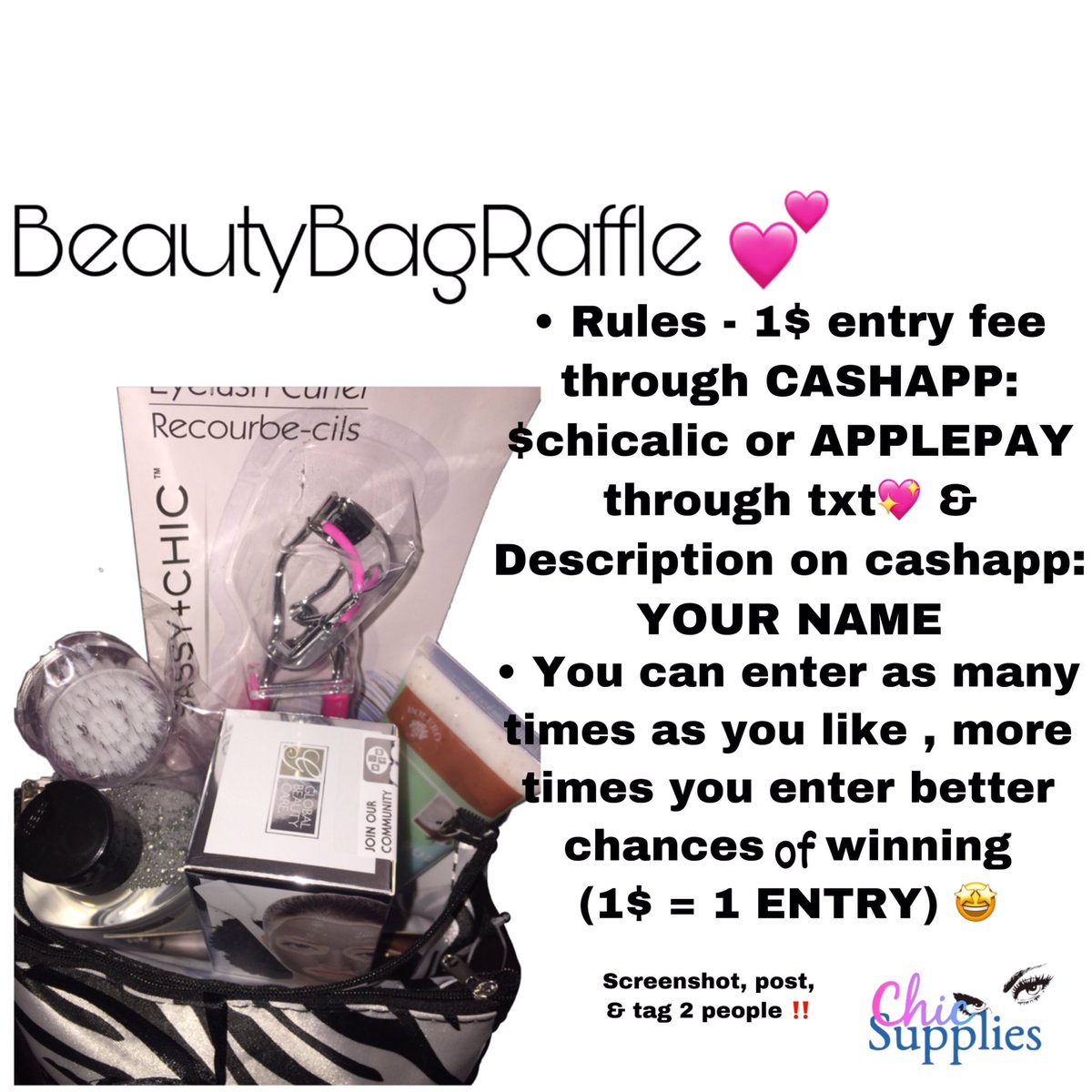 chicsupplies_'s tweet photo. TheBeautyBag💕 will contain different types of beauty products for your face such as makeup remover, a pair of “FOXXY” lashes,  &amp; more . @chicsupplies_ ENDS FRIDAY ‼️
• Rules - 1$ entry fee through cashapp: $chicalic💖. Description on cashapp: YOUR NAME #nsula #chicsupplies https://t.co/S14TR7XYP3