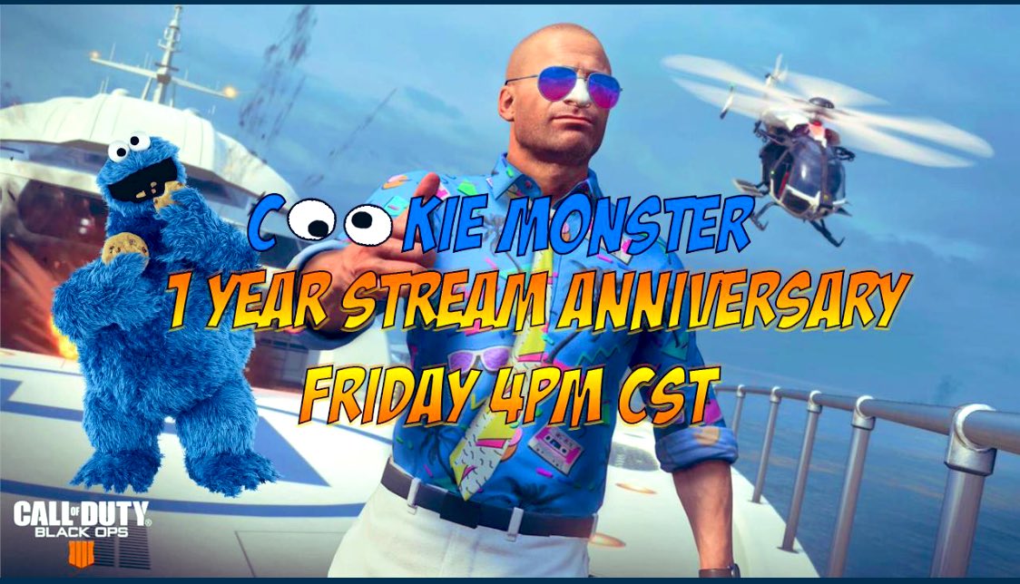 Bafeeki's tweet photo. Tomorrow marks the first day I ever streamed on twitch😁 I will be streaming in a Cookie Monster costume at 4pm cst ! 

Catch y’all there 🙏🍪🙏

Side note we will have cookies 🍪 
#feekifam #xboxone #blackops4 

https://t.co/VOpZr826eU 🥛 
https://t.co/VOpZr826eU 🍪 https://t.co/Fxc0oKUJHW