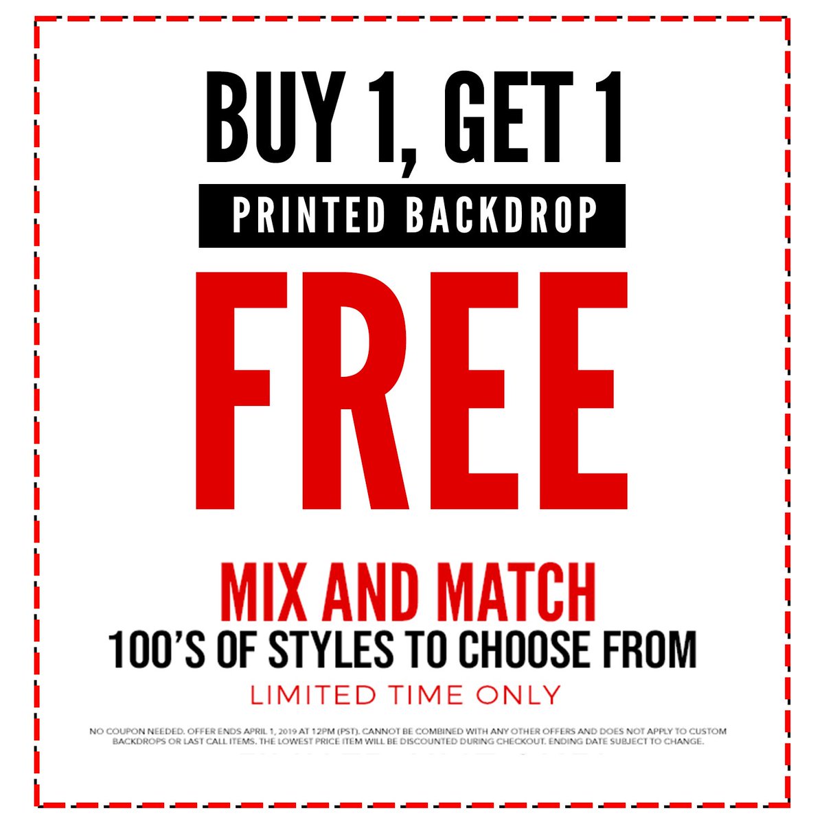 BackdropOutlet's tweet image. HUGE BOGO SALE! Buy 1, Get 1 Printed Backdrop FREE! Limited Time Only! Shop Now bit.ly/2FAsCuF