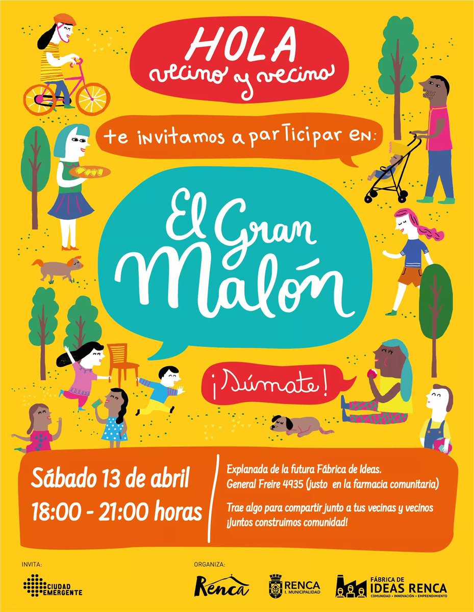¡Súmate y participa en el gran malón! Solo debes traer algo para compartir 🍉🥐🍔 junto a tus vecinos y vecinas 👩‍🦱👨‍🦳¡Te esperamos el 13 de abril en la explanada de la futura Fábrica de Ideas en 📌 General Freire 4935. #RencaParticipa