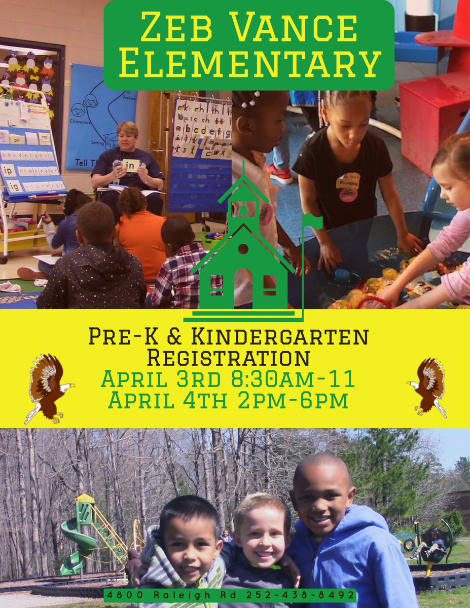 AhinesAmber's tweet photo. Enrollment for the 2019-2020 school year is now open! We invite you to visit our campus on Wed., Apr. 3rd from 8:30-11 and Thur., Apr. 4 from 2-6 to learn more about PreK &amp; Kindergarten at Zeb Vance Elementary!  @ZebVanceEagles #teamzeb @VanceCoSchools https://t.co/V7K6GgYYLs