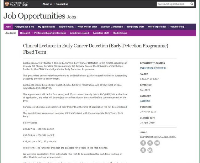 Fantastic new job opportunity for a Clinical Lecturer in Early Cancer Detection:  jobs.cam.ac.uk/job/20968/