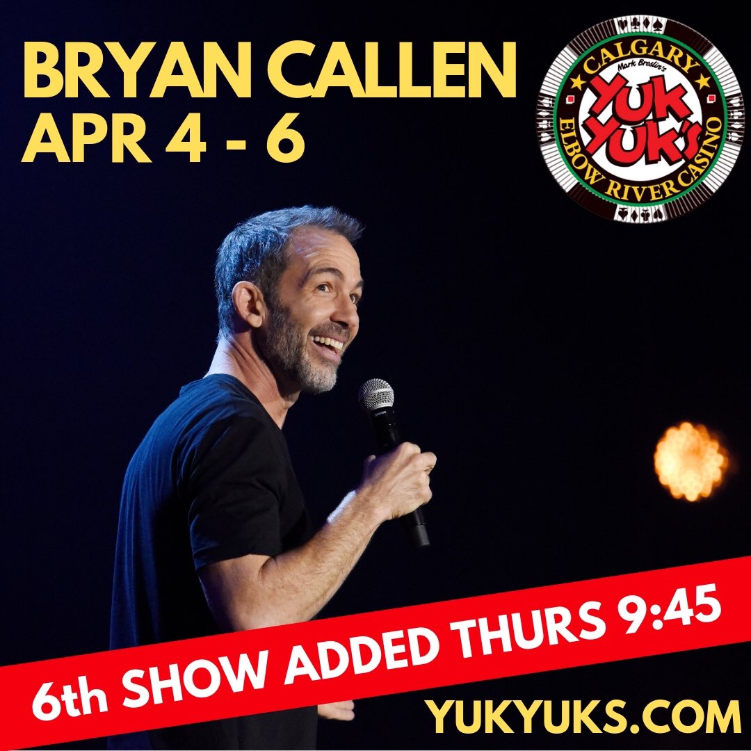 YukYuksCalgary's tweet photo. ๐ฃJUST ADDED: @bryancallen 6th show THURS APR 4 @ 9:45 pm. All the other show times are sold out! ๐ Getโem fast https://t.co/yKc7x6fbDn #yyc #calgary #complicatedapes #schooledabc #thegoldbergsabc #thefighterandthekid #thehangover #MADtv https://t.co/xdd9Wd1pq3