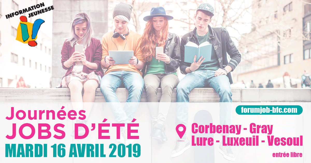 infojeunesbfc's tweet photo. Les BIJ de #Gray, #Luxeuil et #Lure, le PIJ de #Corbenay et le @CIJ_Vesoul vous donnent rendez-vous mardi 16 avril pour une journée spéciale #Jobsdete.
Horaires : https://t.co/X1QZkIfGmj
#infojeunesse #HauteSaone #jobsdété2019 https://t.co/xrTFK63SQK