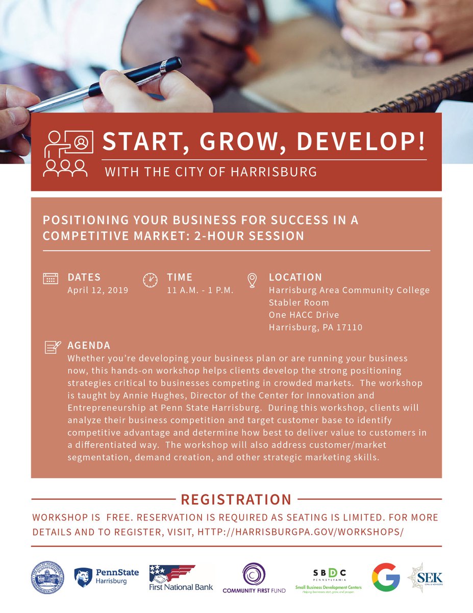 thecityofhbg's tweet image. Have you registered for the latest FREE business workshop yet?

Registration: harrisburgpa.gov/workshops/