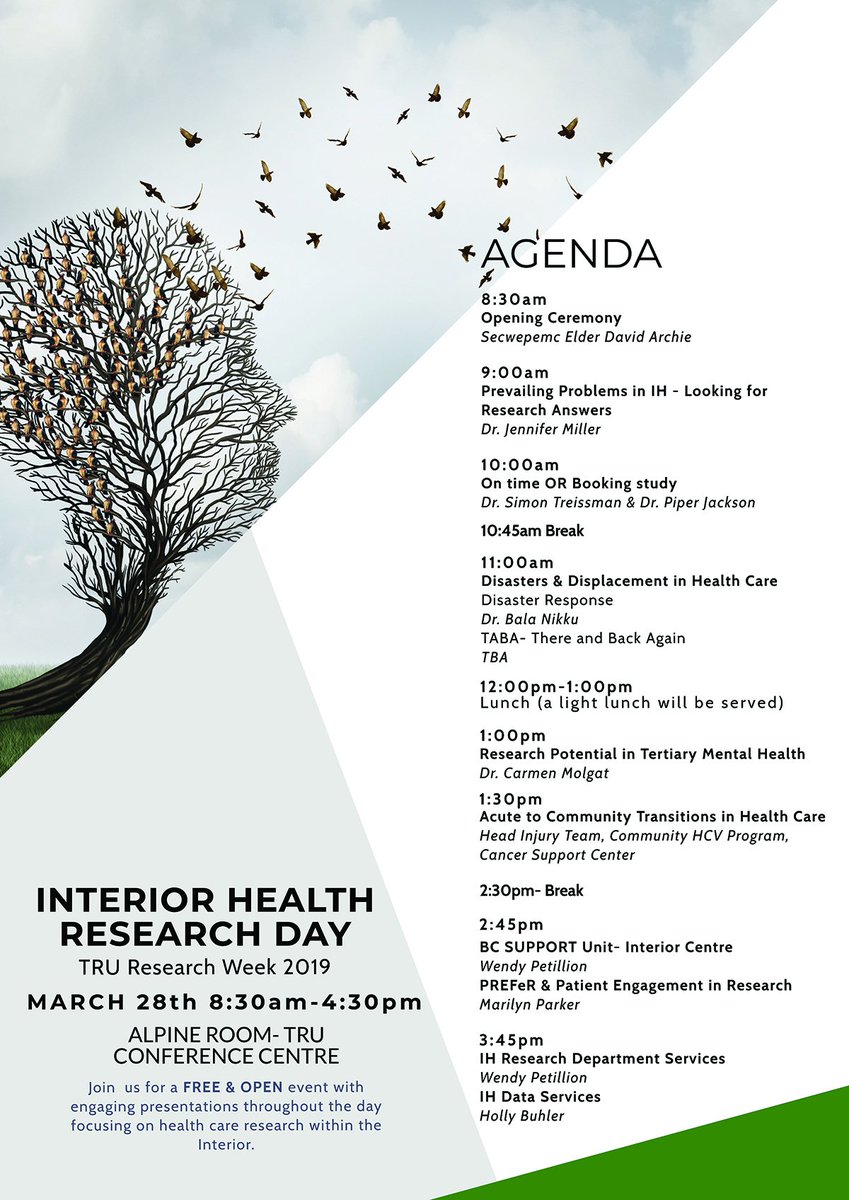 TRUResearch's tweet image. What are your Thursday (otherwise known as the fourth day of #researchweek") plans? Drop into the @Interior_Health Research Day at some point to learn about collaborations between our faculty and their experts.
#CommunityEngagement #healthresearch #Kamloops #myTRU
