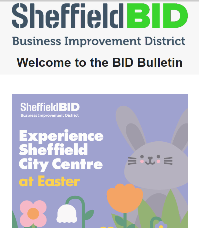 SheffieldBID's tweet photo. March's BID Bulletin is here! Featuring the #BIDSpringClean, our plans for Easter and how you can get involved, #DineSheffield, the @SheffCard and more! https://t.co/QM3JWm8ymr https://t.co/uw4AEyqLrv