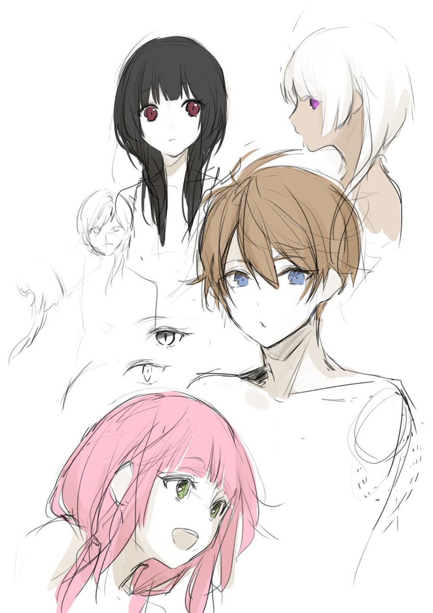 雨壱絵穹さんのツイート 連載前にルカとノエルのキャラデザ考えてる途中のスケッチがあった W 誰だ君ら