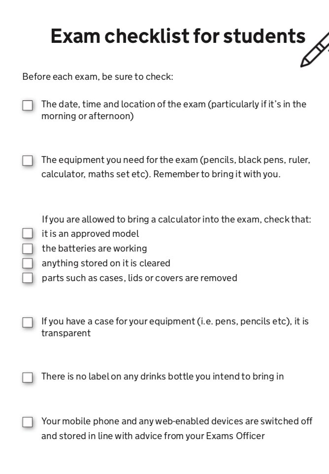 revyse_app's tweet photo. Check out this #exam checklist from @ofqual With reading of you are doing exams in the near future! https://t.co/9GUWfOBfA7 #GCSE #GCSE2019 #ALevel #ALevel2019 https://t.co/DfoJ65YHyh