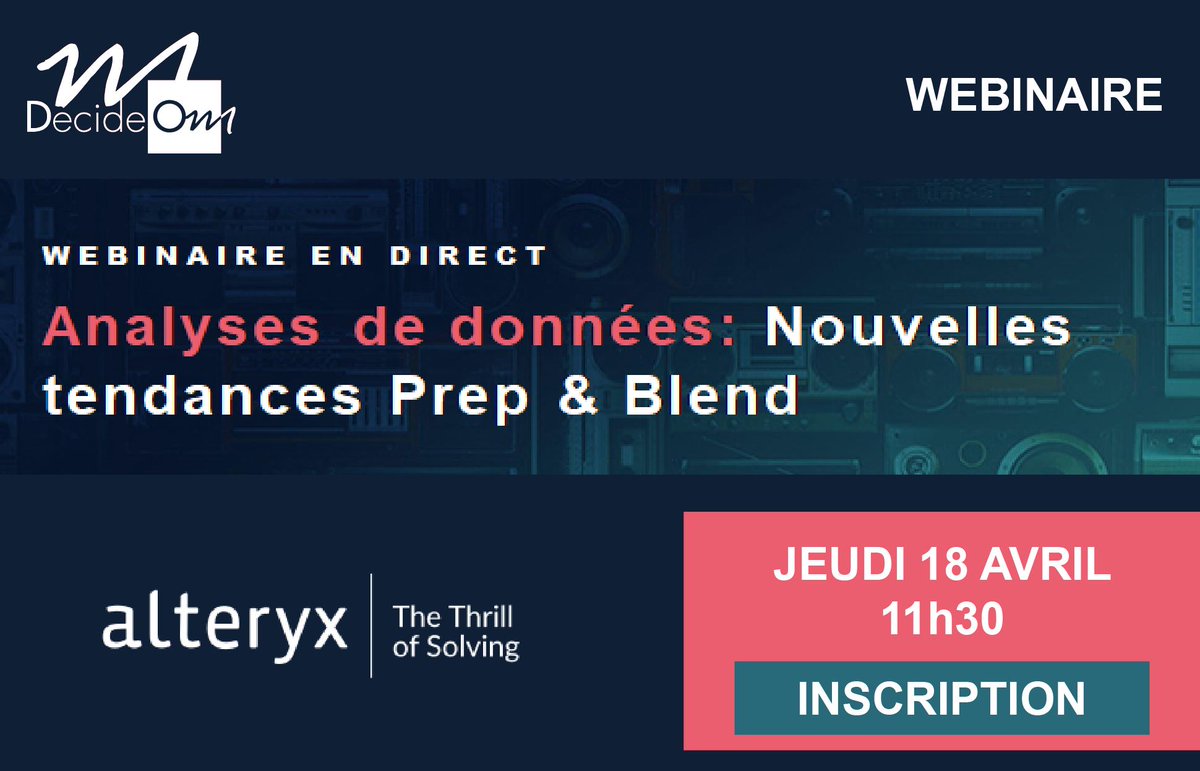 decideom's tweet image. Jeudi 18 avril prochain, rejoignez notre consultant Mickaël le temps d&apos;un webinaire pour découvrir #Alteryx et les nouvelles tendances en matière de #dataprep &amp;amp; #datablend afin de délivrer vos résultats plus rapidement que jamais !
Inscription ici :webikeo.fr/webinar/analys…