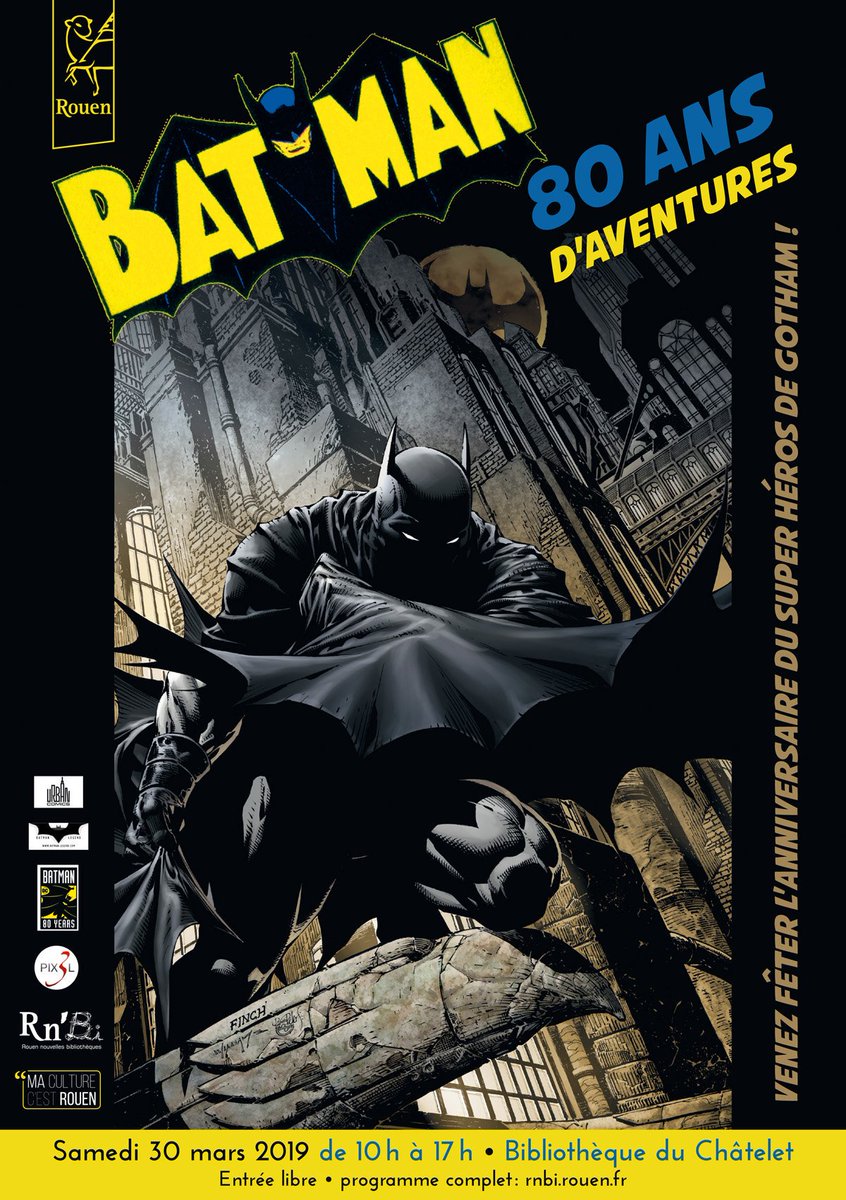 Rouen's tweet photo. Derrière son costume de chevalier noir, il ne les fait pas, mais #Batman fête ses 80 ans ! Pour célébrer l'un des super-héros les plus populaires, la bibliothèque du Châtelet propose une exposition et une journée d'animation le 30 mars.  https://t.co/2VpcmW80B9 https://t.co/uSND0bkqAL