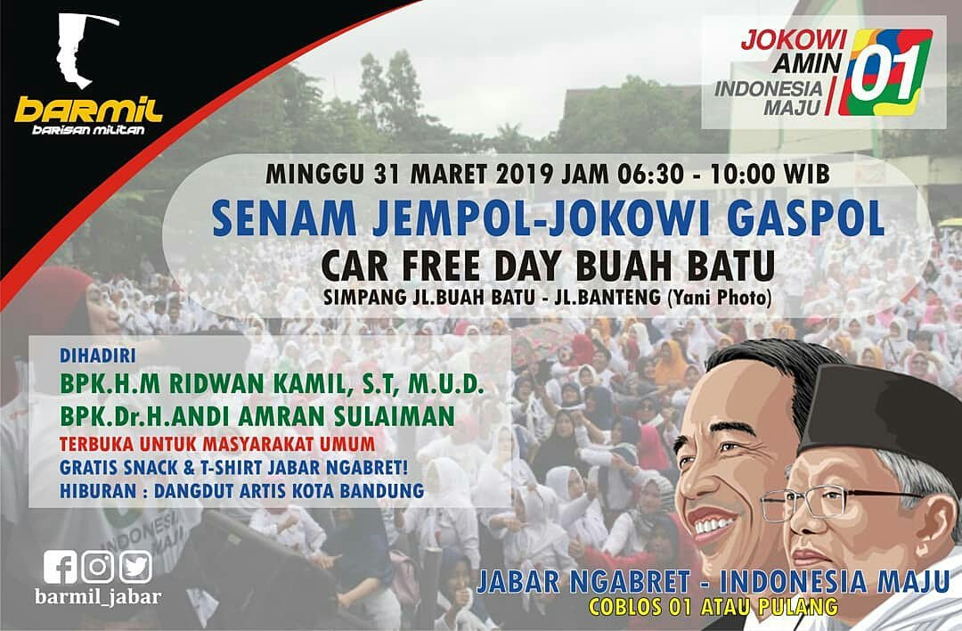 baret_jabar's tweet photo. Ikuti Senam Goyang Jempol Jokowi Gaspoll #CfdBuahBatu (Jl.Buahbatu-Jl.Banteng ) Minggu 31 Maret 2019, Start Pukul 06:30 - 10:00 WIB, Dapatkan Kaos Jabar Ngabret Jokowi - Amiin Sudah Terbukti Gratis yuk ah merapat, Hiburan Dangdut Artis Kota Bandung (_ib) #Barmil #BarmilJabar https://t.co/tIx2qAn8eW