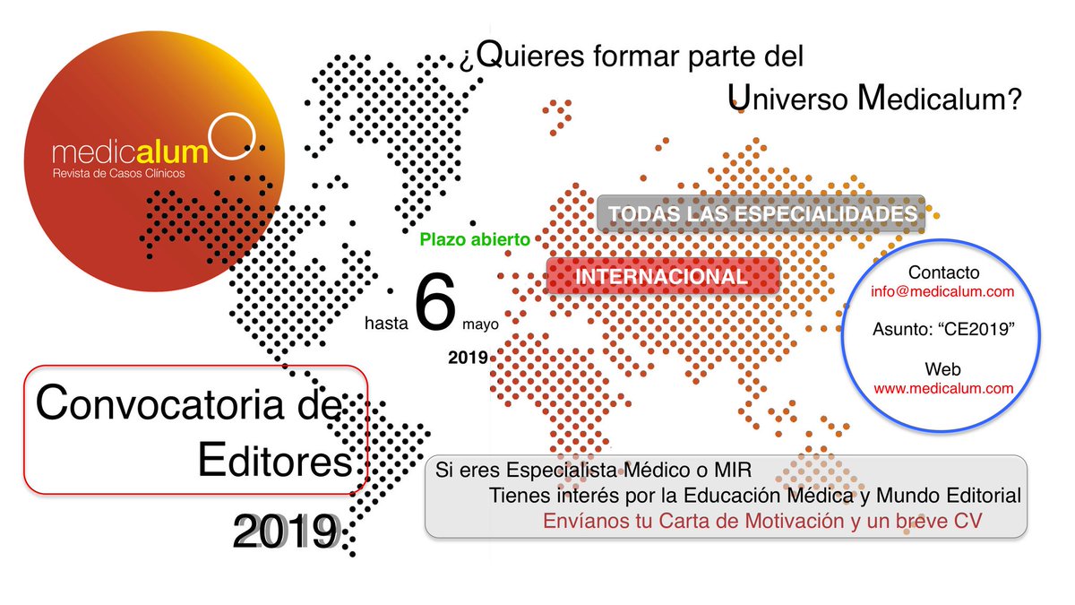 MedicalumRCC's tweet photo. 📢 YES! @MedicalumRCC is what you were looking for!
📌 International CALL for new editors.
#MedEd #MedStudents #CaseReportJournal
Contact us before 6th May ➡️ info@medicalum.com
@SWexner @juliomayol @larbeam @doctorjoseefren @EricTopol @IcahnMountSinai @AMEE_Online @AntoniodeLacy https://t.co/LcLBfmBT6X