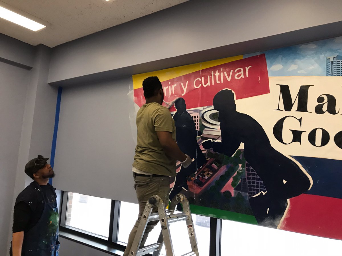 nathancphillips's tweet photo. The mural is going up in the @UIC_CollegeofEd #MakeGoodLab today. So excited to have @damonlamarreed's work forever on the walls inspiring folks who will teach and learn here. @ChicagoPAG @UIC_Literacies @beccawoodard https://t.co/TYXrpQ5rXW