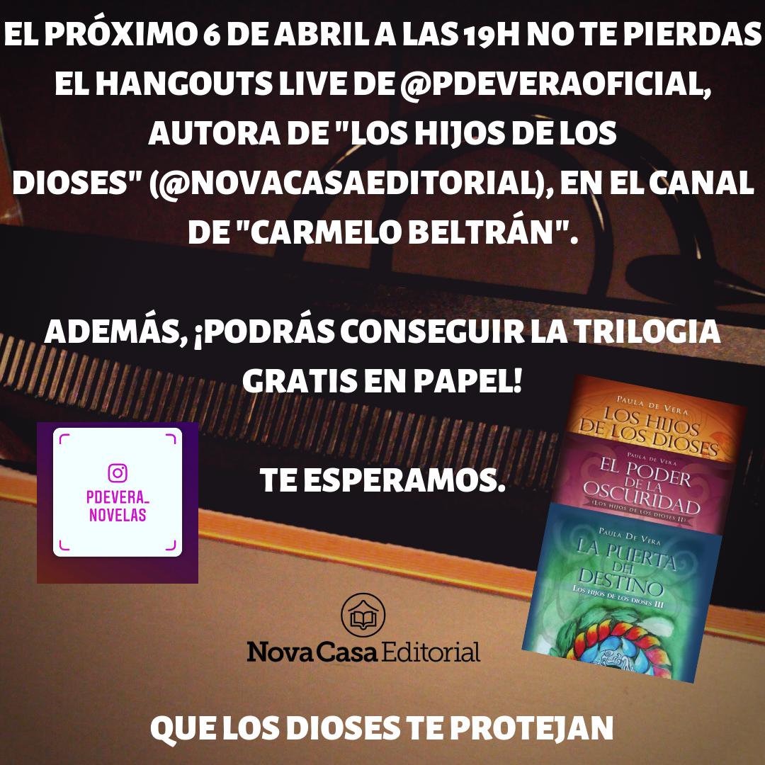 NovaCasaEditors's tweet photo. No podéis perderos el #Hangouts del sábado 6 de abril a las 19h con @PdeVeraOficial en el canal de #Youtube de @carbel1994.
#Hangouts #Sorteo #CarmeloBeltrán #trilogía #fantasía #PauladeVera #autora #NovaCasaEditorial #LHDLD #papel #libros #novelas #fantasy #books #youtube https://t.co/nQqDtcormS