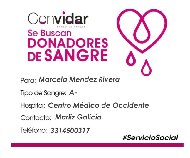 ConvidarBanco's tweet photo. ¡Solicitamos apoyo URGENTE!

Requerimos 7 donadores altruistas de sangre A- para Marcela Mendez Rivera, en el Centro Médico de Occidente, servicio de Cardiocirugía.

¡Compártelo y ayúdanos a ayuDAR! #GDL #ServicioSocial https://t.co/npeQUoP0oB