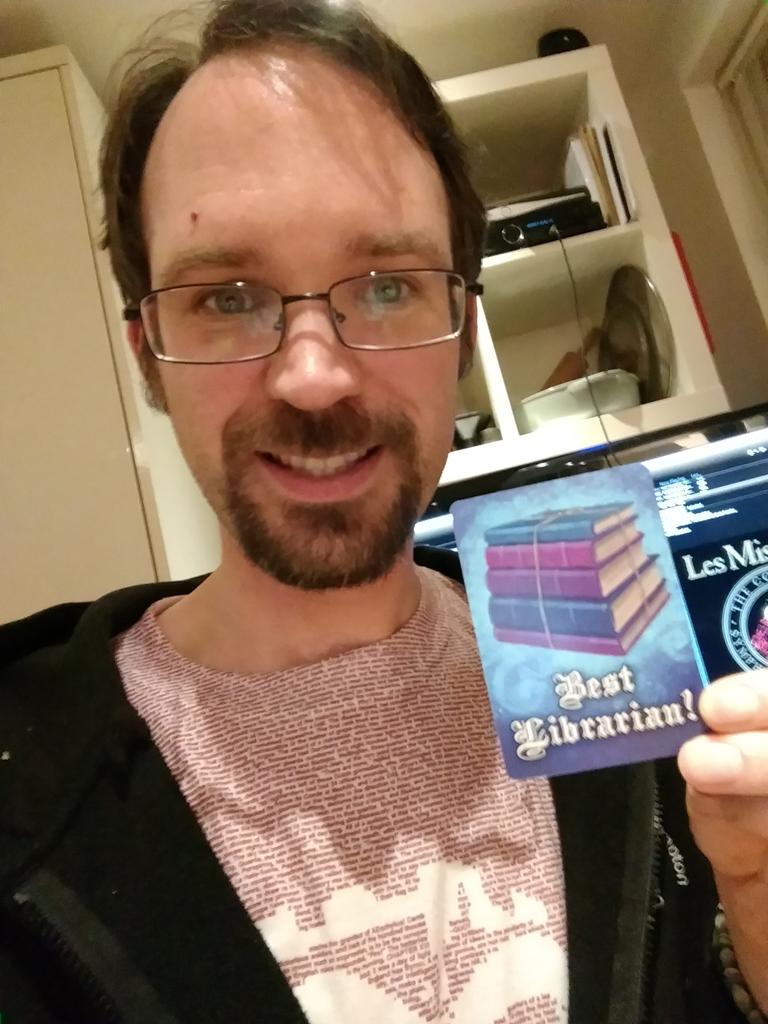 DapperVibes's tweet photo. Aside from science and dance, my tertiary passion is #BoardGames. I finally got a chance to play @WeirdGiraffes #FireInTheLibrary and can now call myself the #BestLibrarian https://t.co/bIpGJNKKWX
