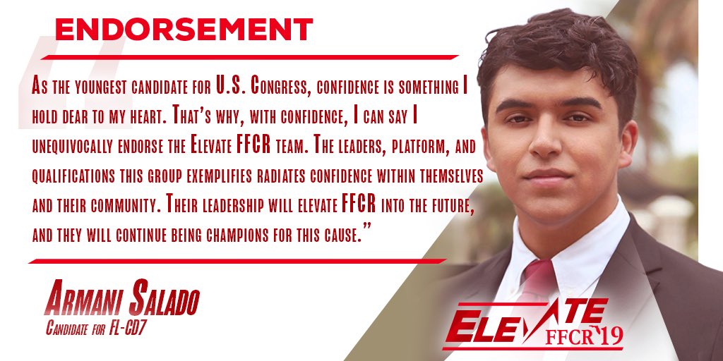 ElevateFFCR's tweet photo. We are truly thankful for the vote of confidence and warm endorsement from Candidate for FL-CD7, Armani Salado! Armani recognizes boldness and ambition when he sees it, making it an honor to be supported by him. Welcome to the family!

#ElevateFFCR #FlaPol #ProAmerica #FFCR https://t.co/hb0cPFJSF7