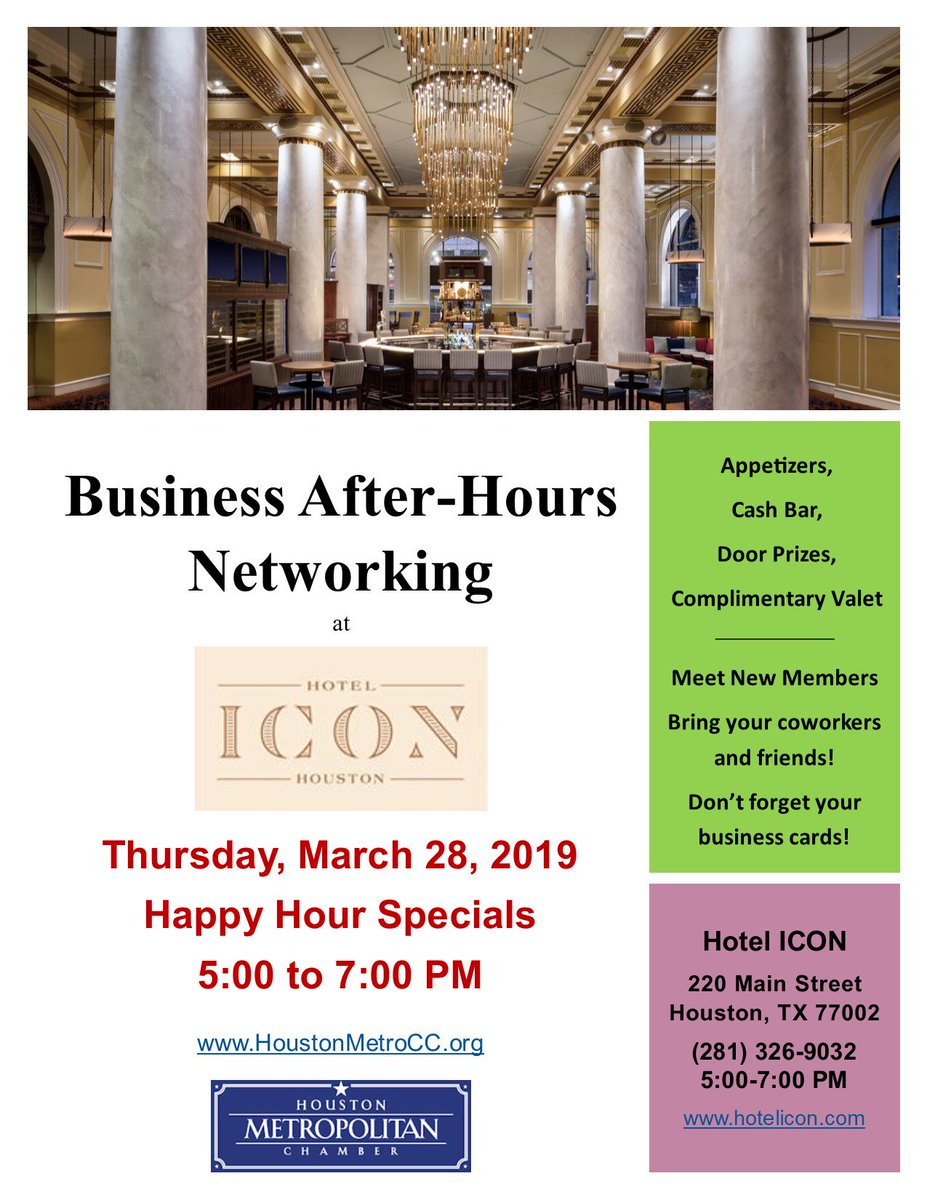 HoustonMetroCC's tweet photo. TODAY, Thursday, March 28th....#businessafterhours  #Networking #happyhour. Meet fellow business leaders, and enjoy #complimentaryvalet #litebites #doorprizes! We look forward to seeing you at #hotelicon  from 5pm to 7pm. #downtownhouston at the Line and Lariat Bar. https://t.co/9VZsK9is29