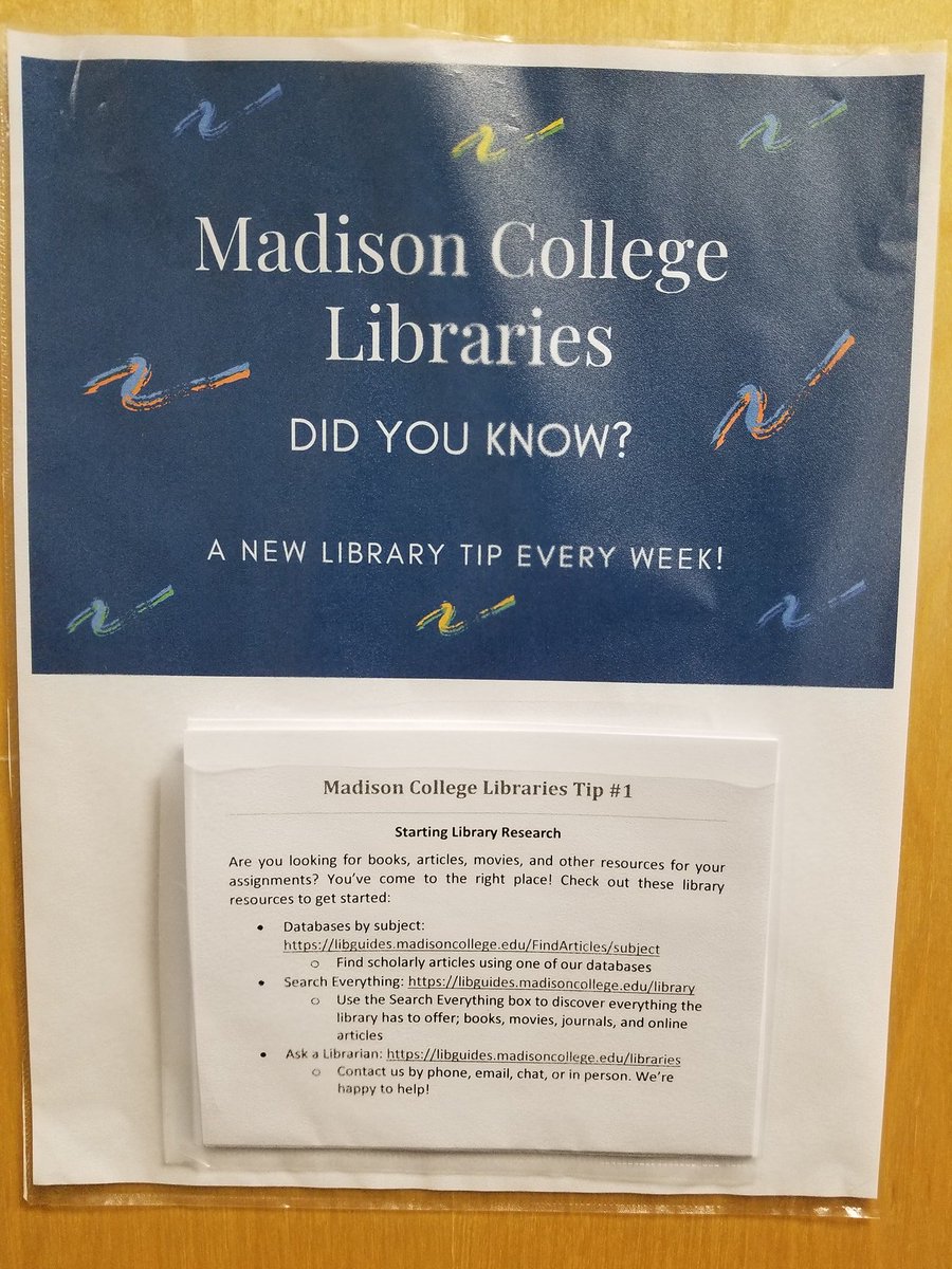 FairUseLBR's tweet image. I made this fun promo for the door of our small campus library. Students can grab handouts while we're closed. #librarianhacks #libraryskills