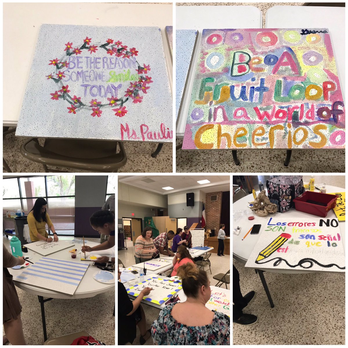 mswigginsclass's tweet photo. “Painting with a twist” after school with my coworkers. I really enjoyed the paining my inspirational ceiling tile. These will be hung in the hallways of our school to encourage the students and educators!@RoyalwoodLions @SheldonISD https://t.co/osbCN9ViiL