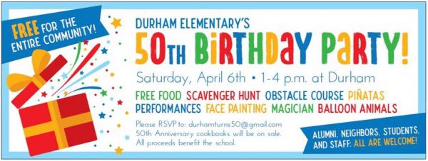 DurhamES's tweet photo. Durham is celebrating the big 5-0 with a *FREE* community celebration. We hope you can join us in the celebration! π₯³π₯³ #WaltripFP @GardenOaksMont @OakForestES @Sinclair_ES @LStevensES @Panther_Proud @WaltripRam @Northwest_HISD https://t.co/HhzHpqy5Fy