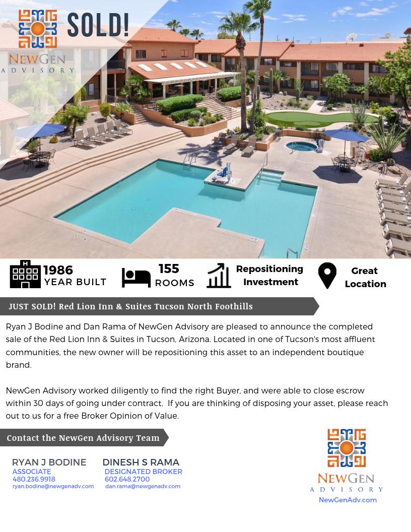 NewGenAdvisory's tweet photo. Just Sold! NewGen recently completed a sale of the Red Lion Inn &amp; Suites in Tucson, North Foothills. https://t.co/VsEvauw5PS