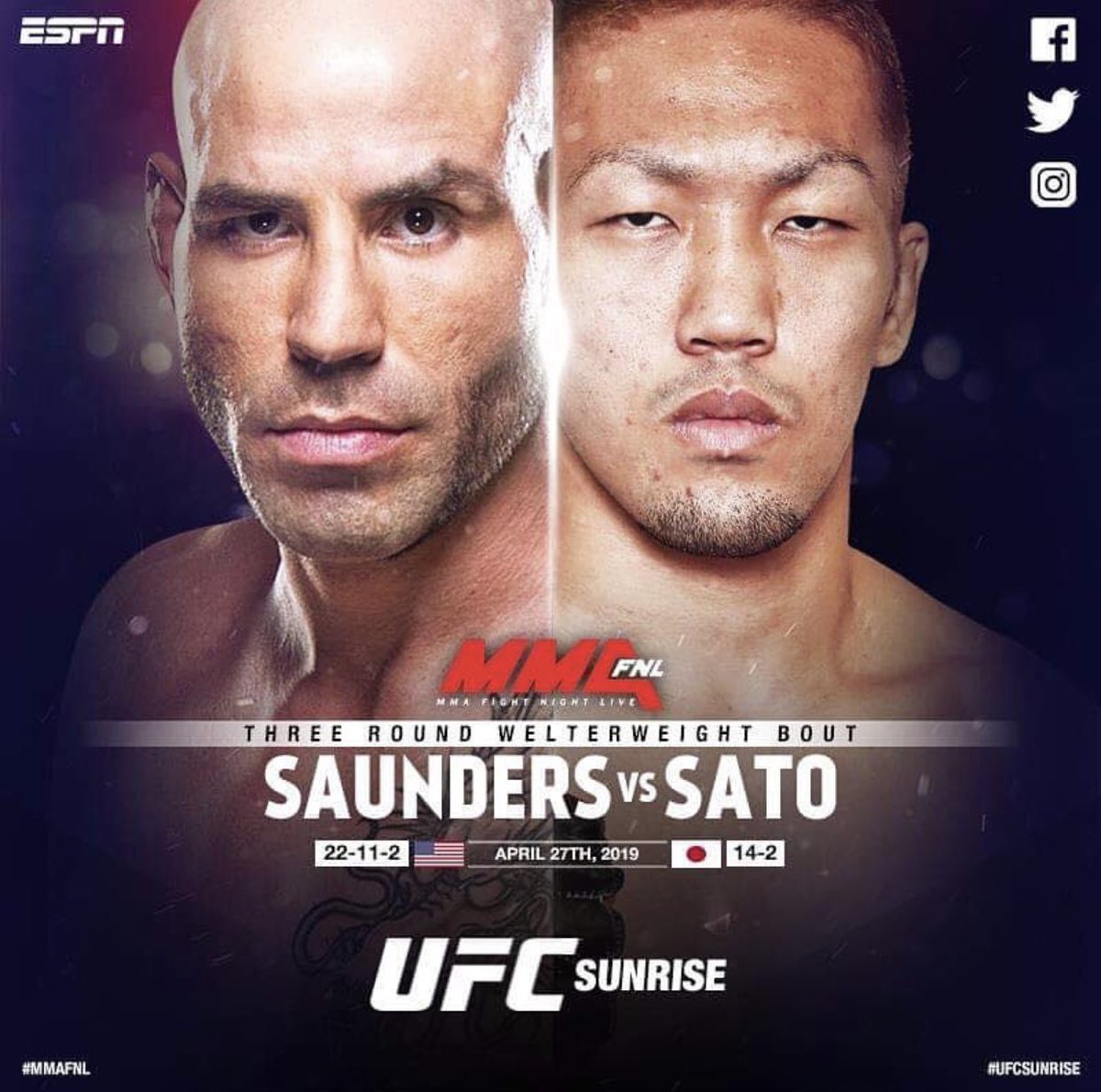 Bcckpsck's tweet photo. Honored to get a chance to compete on my first #SouthFlorida @ufc event against my first opponent ever from #TheRisingSun
It will also be my @espn debut.
Legggooo! ππ
#SaundersVsSato #UFC #MMA #Sunrise #Florida #DirtySouth #Floridian #BornAndRaised #Ready2Rep #SamuraiStyle https://t.co/5b695SVv50
