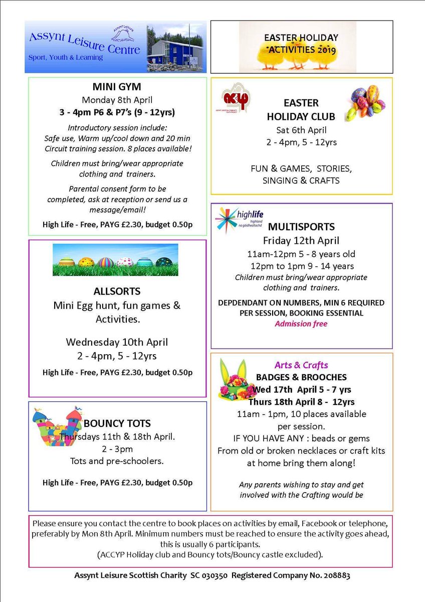 Easter Holiday programme at Assynt Leisure Centre in Lochinver, please remember to book, preferably by the 8th of April.
Phone 01571844123
Email kelly@assyntleisure.co.uk
#activities #sports #kids #children #crafts #gym #rainydays