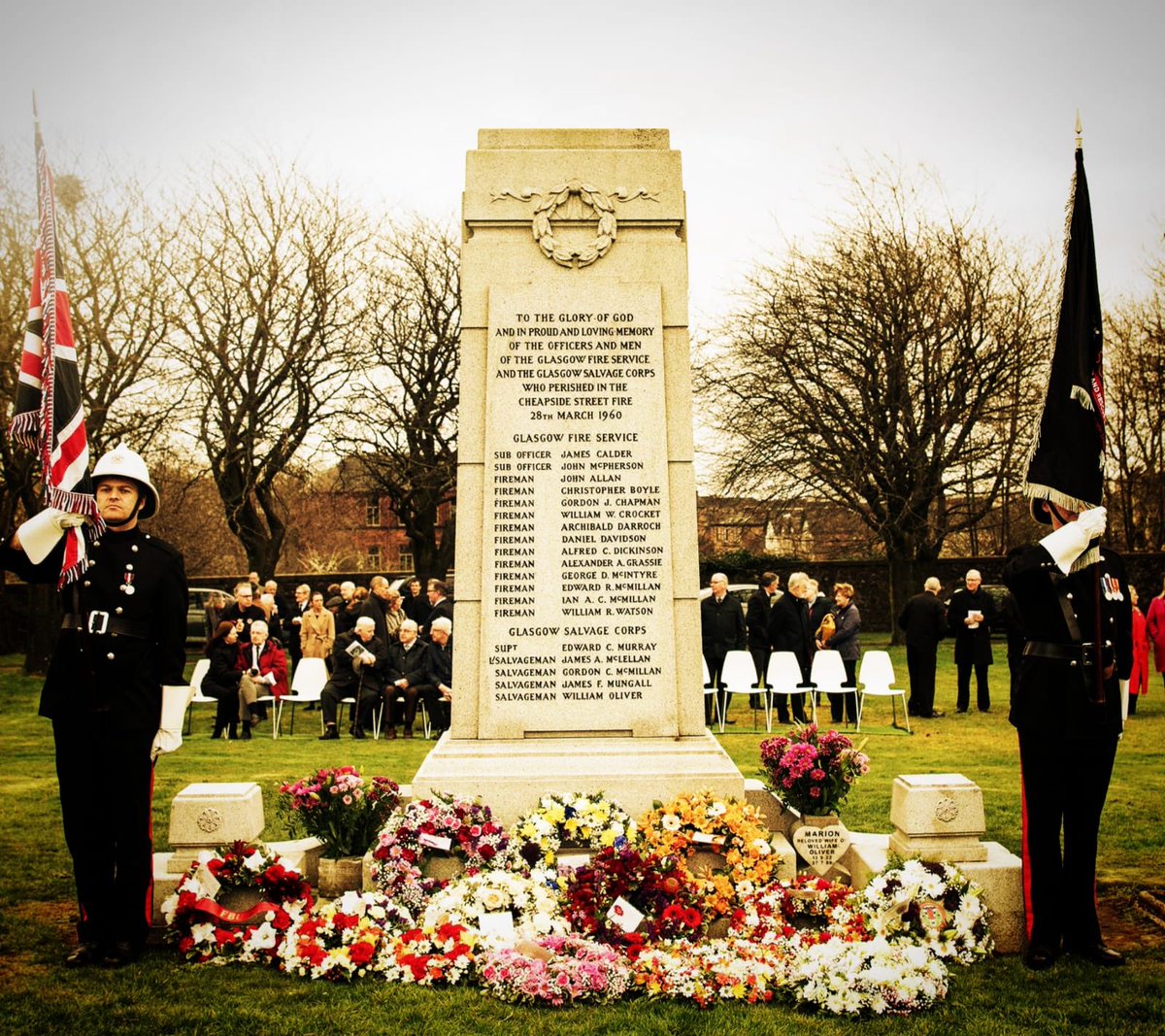 sfrs_trainees's tweet photo. #T119 Trainees paid their respects today at the Cheapside Street Memorial Service, Glasgow Necropolis. On this day in 1960, 19 Firefighters tragically lost their lives at a fire in a Whiskey Bond #NeverForget #WeAreFutureFirefighters @fire_scot https://t.co/jOGFT5ANcm