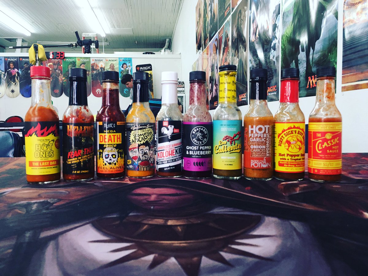 Today’s lineup #heatonist #hotsaucelife #hotsauceaddict #hotsauce #thelastdabreduxx @torchbearersauces @blairsdeathsauce @firstwefeast @seanseaevans @heatonist @potionsauce @bravadospice @adobolocohotsauce @hellfirehotsauce