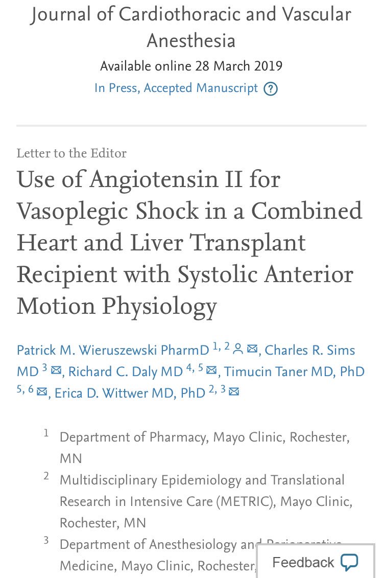 Have you considered #AngII for refractory vasodilatory #shock in patients with left ventricular outflow obstruction? Read about our complicated case that required close hepatic allograft monitoring <a href="/MayoAnesthesia/">Mayo Clinic Department of Anesthesiology</a> #Giapreza <a href="/lajollapharma/">La Jolla Pharma</a> #transplant sciencedirect.com/science/articl…
