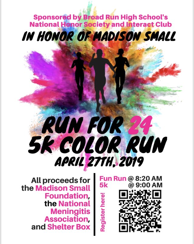 sophia_roche20's tweet photo. BRHS’ 5th annual Runfor24 5K is April 27th! The 1 mile Fun Run begins at 8:20 am, &amp; the 5K begins at 9:00 am. All proceeds benefit the Madison Small Scholarship Foundation, the National Meningitis Association, &amp; Shelterbox. Show your support &amp; register! : https://t.co/sBHu6xFkSb https://t.co/aHPMCBudmZ