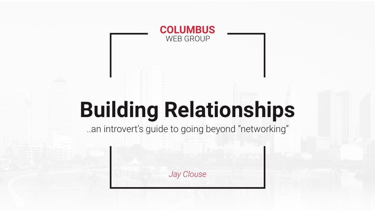CBusWebGroup's tweet image. 🚨🚨Just announced! 🚨🚨

Building Relationships
...an introvert’s guide to going beyond “networking”
Presented by @JayClouse

🗓/⏱ 04.18.19 / 6pm-8pm
📍: @GravityColumbus
 
🆓🎟: meetu.ps/e/GyX5x/g1YvK/f #CbusTech