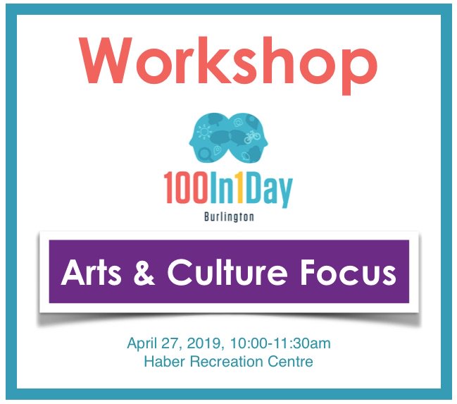 Our first workshop is about one month away!  Come on out and brainstorm #100in1Day ideas relating to arts &amp; culture in the city.  Register to receive a reminder eventbrite.com/e/100in1day-wo… #BurlON