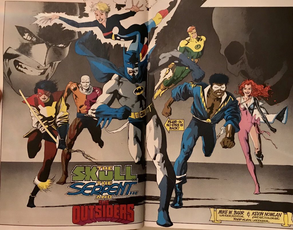 ManFirestorm's tweet photo. Outsiders Annual 1 - Nowlan does all the art but the lettering here, it’s gorgeous work as always, and uniquely his. This issue is a colorist’s dream, cover and splash shown.
#MikeBarr
#KevinNowlan
#ToddKlein https://t.co/iIOfO9qvHe