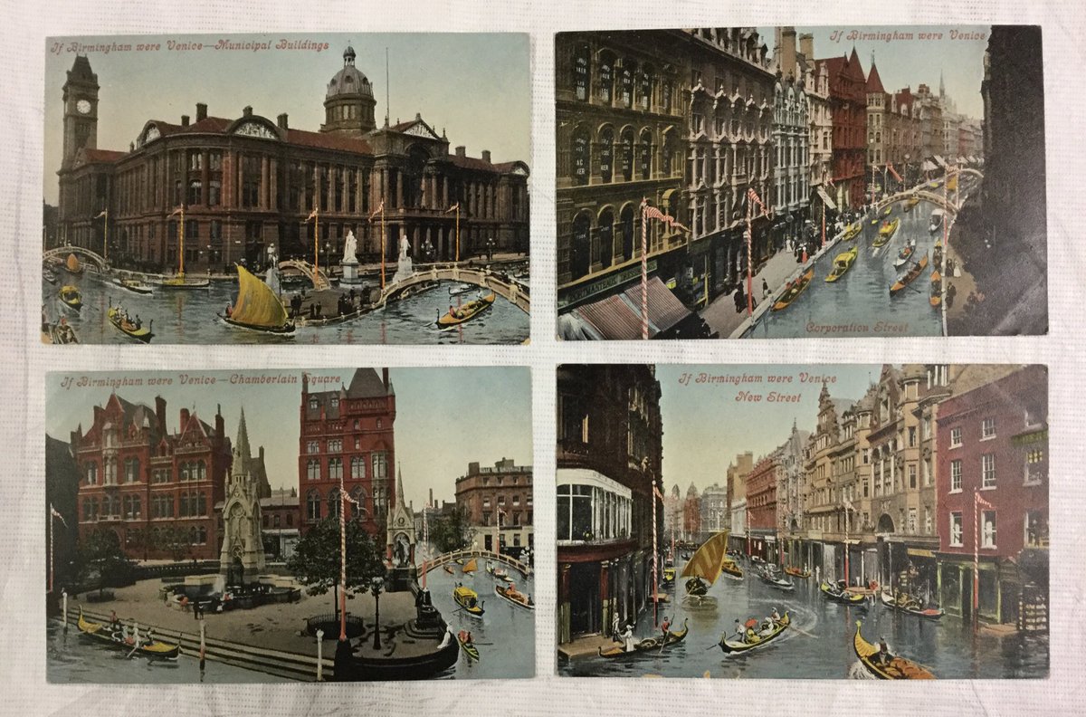 BexUnsworth's tweet image. Today's find in the collection ⁦@BM_AG⁩ - a set of postcards imagining 'if Birmingham were Venice'