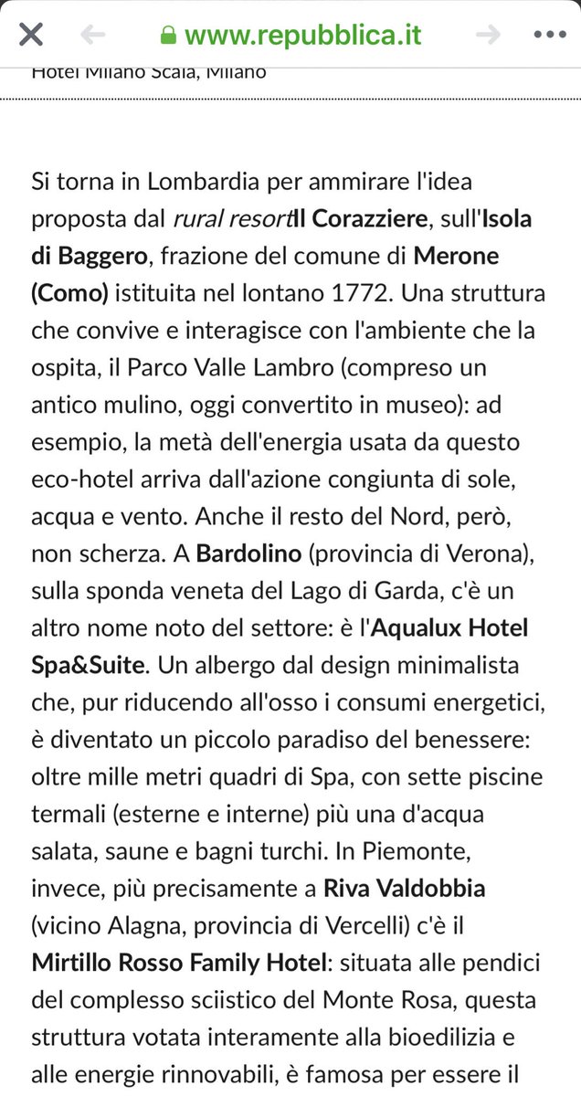 Su Repubblica.it gli ecohotels in Italia! In Lombardia c’è RURAL RESORT a BAGGERO SEMPRE PIÙ SMART
