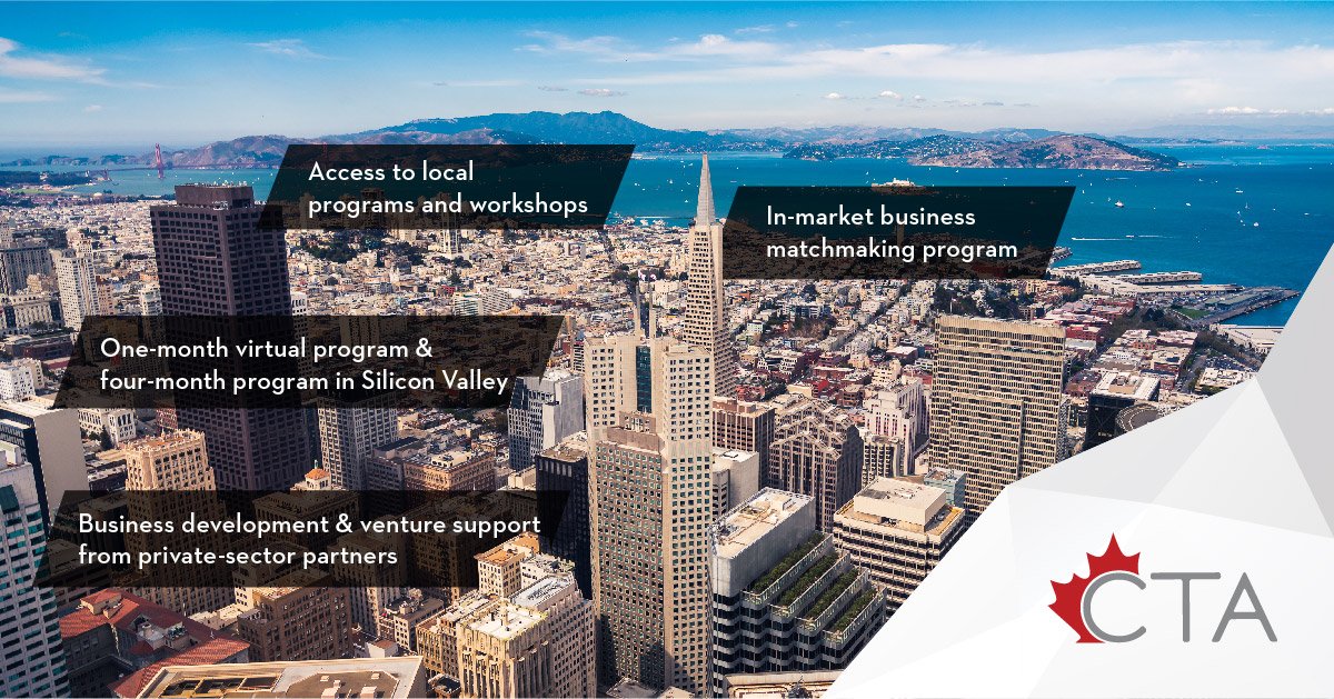 CTA_TCS's tweet photo. Our #Cdntech Accelerator in #SiliconValley helps high-potential #Cdnbiz in a variety of digital sectors to scaleup in this market 📈. Contact us to learn more. #CTAconnects #CanExport https://t.co/r0SZx6kqzS